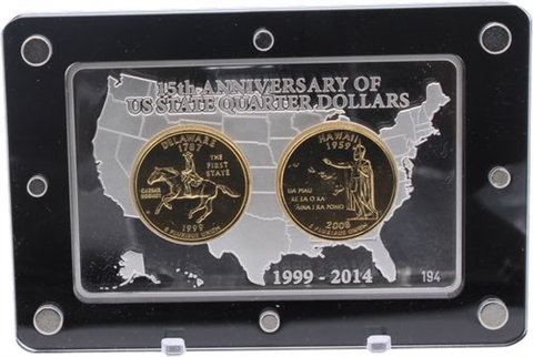 USA-2xQuarter in Barren-1999-2014-AGpp-15 Jahre Quarter Dollar-Etui