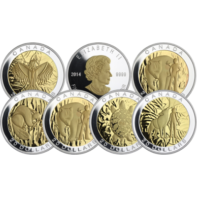 Kanada-7x20Dollar-2014-AGpp-Adler-Wolft-vergoldet-RSVS