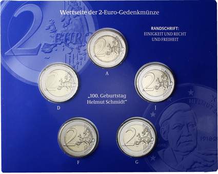 Deutschland 5 x 2 Euro 2018 stgl. Helmut Schmidt im Folder 