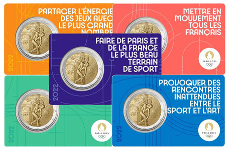 Frankreich 5 x 2 Euro 2022 Diskuswerfer - Paris 2024 Coin Cards 1 - 5