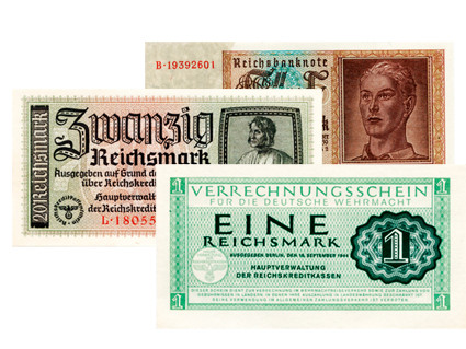 Banknoten - 3 Banknoten 1 ,2 und 5 Reichsmark kassenfrisch