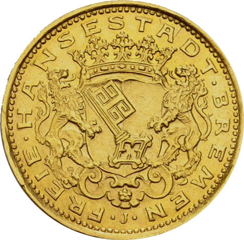 10 Mark Kaiserreich Goldmünze aus der Freien Hansestadt Bremen 1907 Jäger 204 