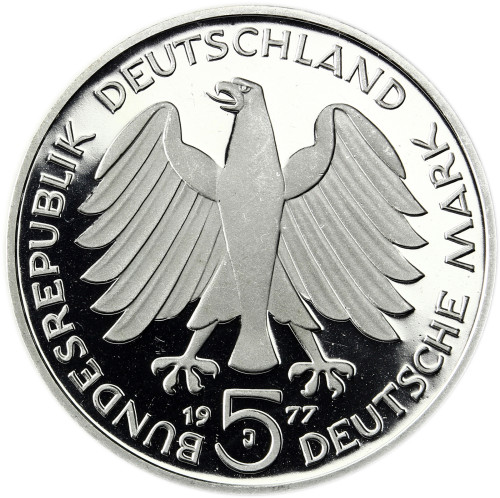 Deutschland 5 DM Silber 1977 PP Carl Friedrich Gauss in Münzkapsel