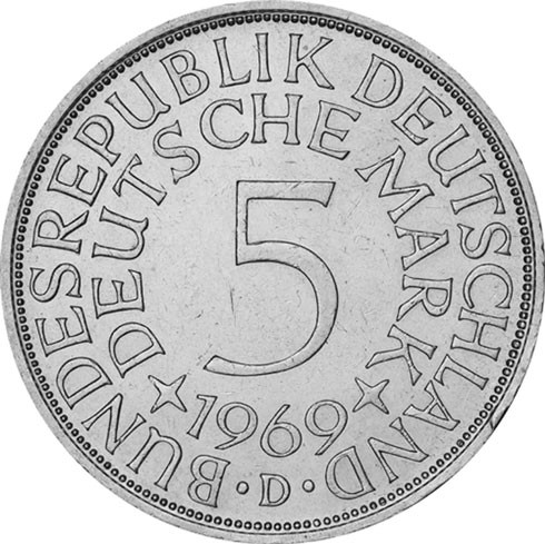 BRD 4 x 5 DM Kursmünze 1969 D - F - G - J Heiermann Silber-Fünfer