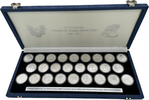 USA-26x1Dollar-1986bis2011-AGstgl-SilverEagle-Etui-offen