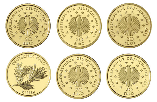 Deutschland 20 Euro Gold 2013 Komplettsatz Kiefer Mzz. A - D - F - G - J