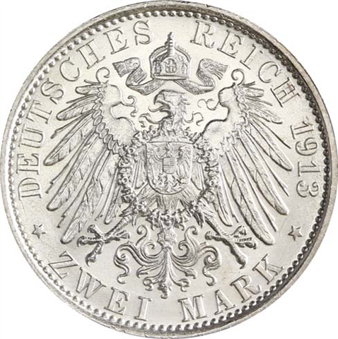 Jäger 111 Preussen 2 Mark 1913 Kaiser Wilhelm II in Uniform 25jähriges Regierungsjubiläum I