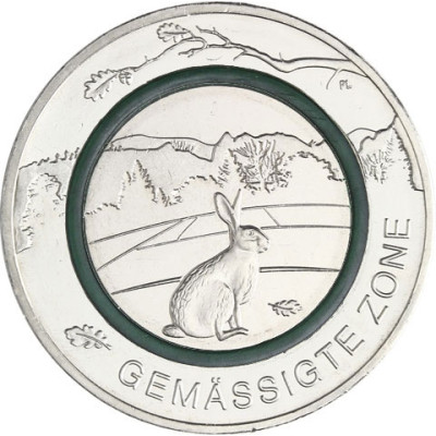 Neue 5 Euro Gedenkmünze 2019  Gemäßigte Zone Polymering Grün Feldhase