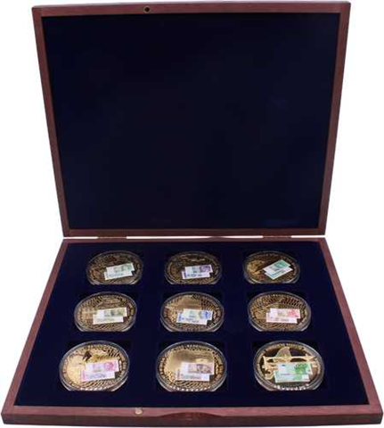 Deutschland-9xMedaille-2010-CuPP-vergoldet-Deutsche Banknoten Prägung-Etui