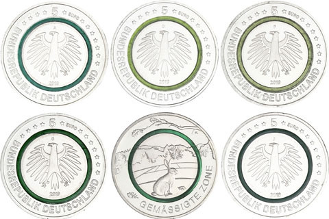 Deutschland-5-x-5-Euro-2019-gemäßigte-Zone-Münzzeichen-A-D-F-G-J-im-Folder