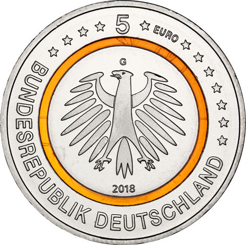 Neue 5 Euro Münze 2018 Subtropische Zone - Deutschland - Klimazone der Erde Polymerring Orange im Etui