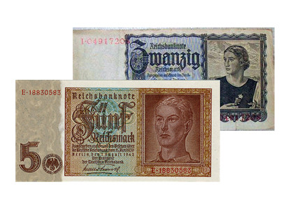 Banknoten 5 Reichsmark  Jünglingskopf 1942 und  20 Reichsmark  junge Österreicherin 1939