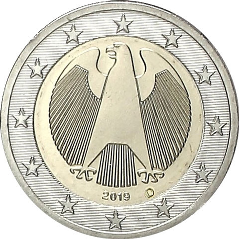 Deutschland 2 Euro Kursmuenzen  Motiv Bundesadler geprägt 2019 iMünzprägestätte München 