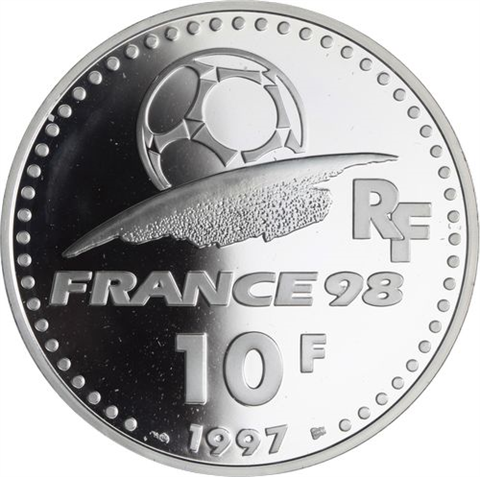 Frankreich-10 Francs-1997-AGpp-World Cup 1998-SchussBrandenburgerTor-RS