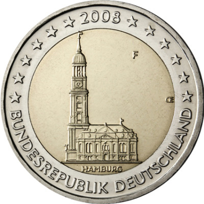 2 Euro Münze von 2008 Hamburger Michel Fehlprägung Mzz. F 