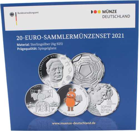 Deutschland-5x20 Euro-2021-AGpp-Komplett Set-Folder