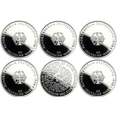 Deutschland-5x10DM-1999-AgPP-Grundgesetz-MzzADFGJ