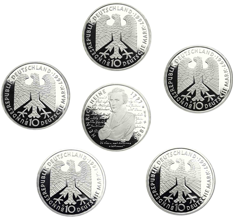 Deutschland 10 DM Silber 1997 PP 200. Geburtstag von Heinrich Heine Mzz. A bis J
