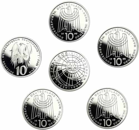 Deutschland-10-DM-Silber-1999-PP-50-Jahre-SOS-Kinderdörfer-MzzA-J