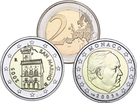 2 Euro Kursmünzen Raritäten aus San Marino Regierungspalst  und Monaco  Fürst Rainer III