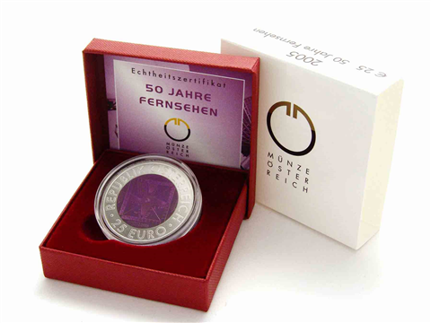 Österreich 25 Euro 2005 Hgh Silber Niob - 50 Jahre Fernsehen I