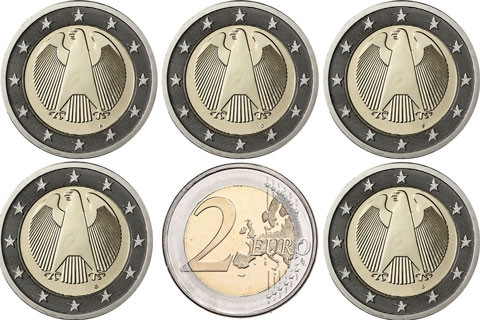 Deutschland 2 Euro Kursmünzen 2010 mit dem Bundesadler