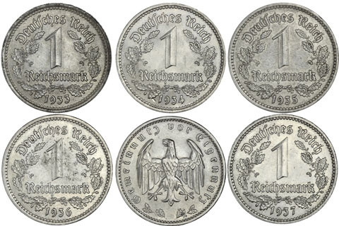 III. Reich 5-Münzen-Satz 1 Reichsmark mit 5 Jahrgängen Mzz. Historia Wahl 