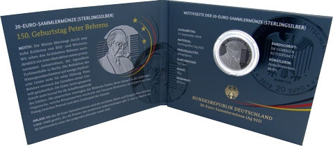 20-Euro-Gedenkmünze 150. Geb. Peter Behrens PP im Folder Silber