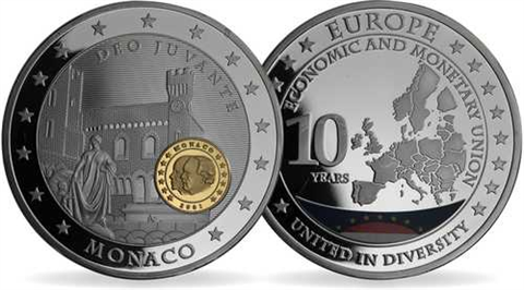 Mix-4xMedaillen-2011-PP-Vergoldet-Farbe-10Jahre Euro-Set