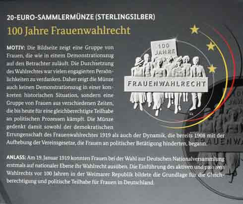 20 Euro Gedenkmünze 2019 Silber  PP 100 Jahre Frauenwahlrecht im Folder