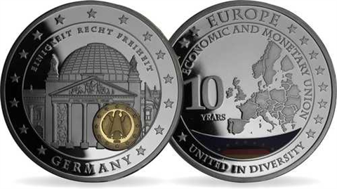 Mix-4xMedaillen-2011-PP-Vergoldet-Farbe-10Jahre Euro-Set