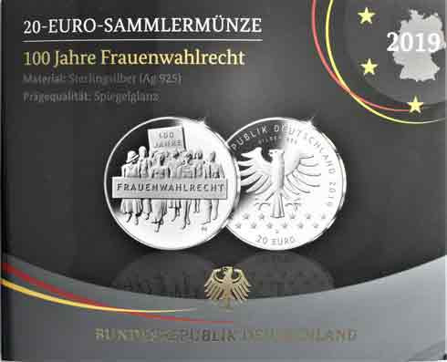 20 Euro Gedenkmünze 2019 Silber  PP 100 Jahre Frauenwahlrecht im Folder