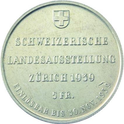 Schweiz 5 Franken Silber 1939 Landesaustellung Zürich  