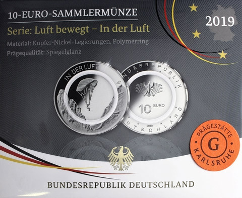 In der Luft – 10 Euro Münze Gleitschirm 2019 1. Ausgabe Polymerring 