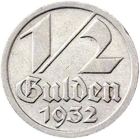 Danzig-HalberGulden-1932-SehrSchön-NI-Jäger-D14-DanzigerMünzserie2-Wappen-RS