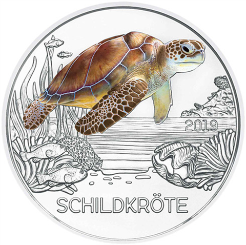 Österreich-3-Euro-2019-Schildkröte-Tiertaler-handgehoben-in-Münzkapsel-1