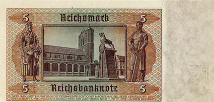 Banknoten 5 Reichsmark  Jünglingskopf 1942 und  20 Reichsmark  junge Österreicherin 1939