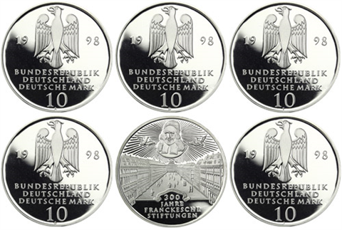 Deutschland-5x10-DM-Silber-1998-PP-300-Jahre-Frankische-Stiftungen-ADFGJ