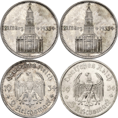 Drittes-Reich-2-Reichsmark-und-5-RM-1934-Ganrnisonskirche-mit-Datum