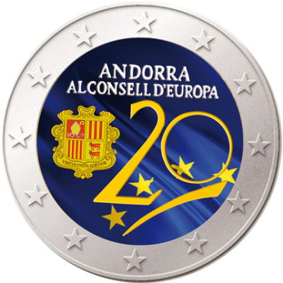 Andorra 2 Euro 2014 bfr.  20. Jahrestag zum Beitritt in den Europarat FARBE