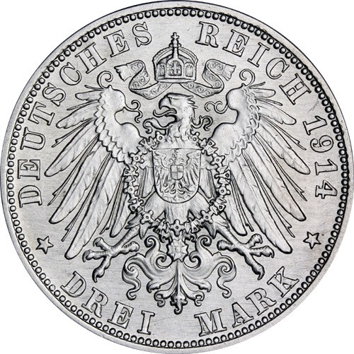 Kaiserreich 3 Mark 1914 König Ludwig III. von Bayern J.52