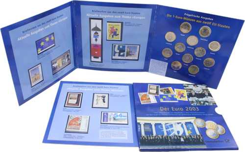 Mix-12x1 Euro+ Briefmarken-2003-Stgl-Kursmünzen-Folder RS