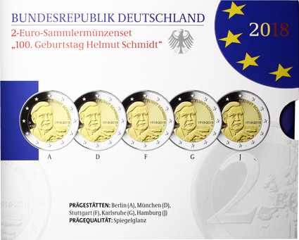 2 Euro Komplettsatz 2018 Helmut Schmidt Polierte Platte im Folder der VFS