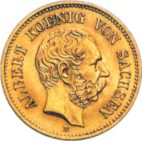 J. 260 Sachen 5 Goldmark 1877 aus dem Königreich Sachsen mit dem Motiv von  Albert