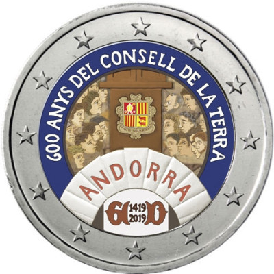 2 Euro Sondermünzen 600 Jahre Generalrat der Täler mit Farbmotiv aus Andorra 