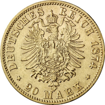 J.293 - Württemberg 20 Gold Mark 1874/1976  Karl Deutsches Kaiserreich 