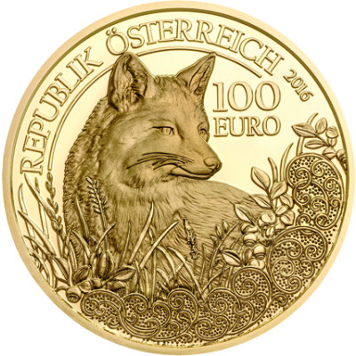 Östereich 100 Euro 2016 Gold  PP Fuchs - Unseren Wildtieren auf der Spur 