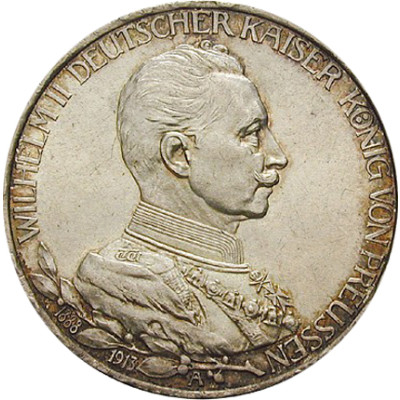 Preussen 3 Mark Silbermünze 1913 Regierungsjubiläum von Wilhelm II - Jäger 112