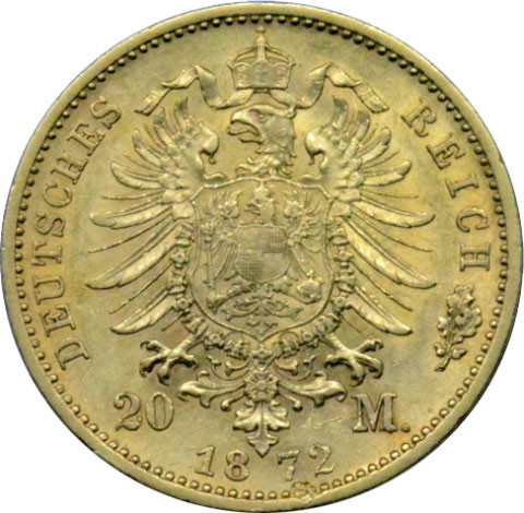 Goldmark Kaiserreich   Württemberg 20 Mark 1872-1873  Karl