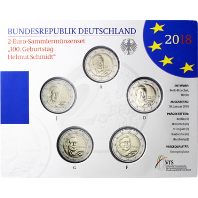 Deutschland 5 x 2 Euro 2018 stgl. Helmut Schmidt im Folder 